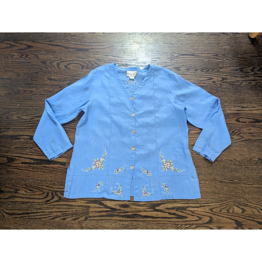 Vintage David Dart Collection Linen Top Shirt Women's Size M Needlepoint Floral